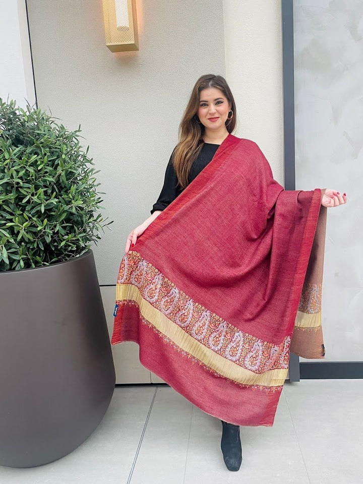 Benazir Red and Beige Reversible Pashmina Shawl | House of Inaayat