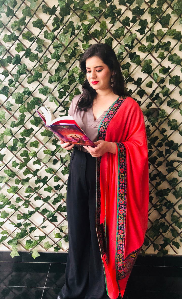 Tehzeeb Rose Pink Wool Shawl With Kalamkari Border