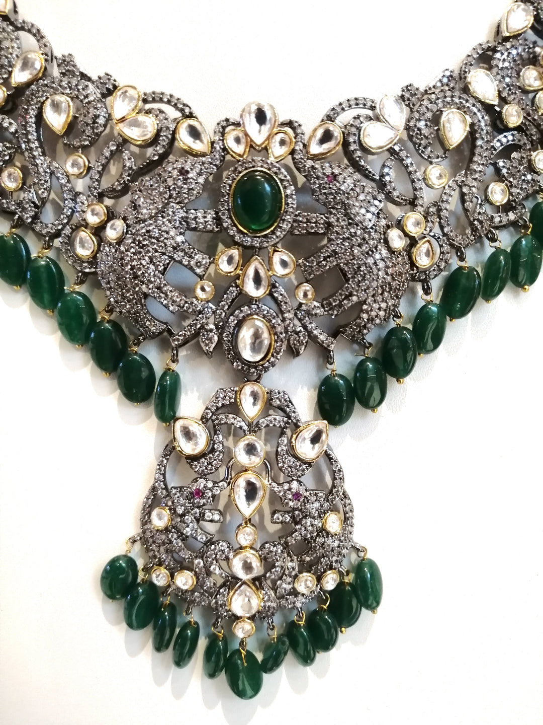 Hathi Elephant Antique-look Necklace and Earrings Set with Green Beads|Inaayat by Divya Taimni