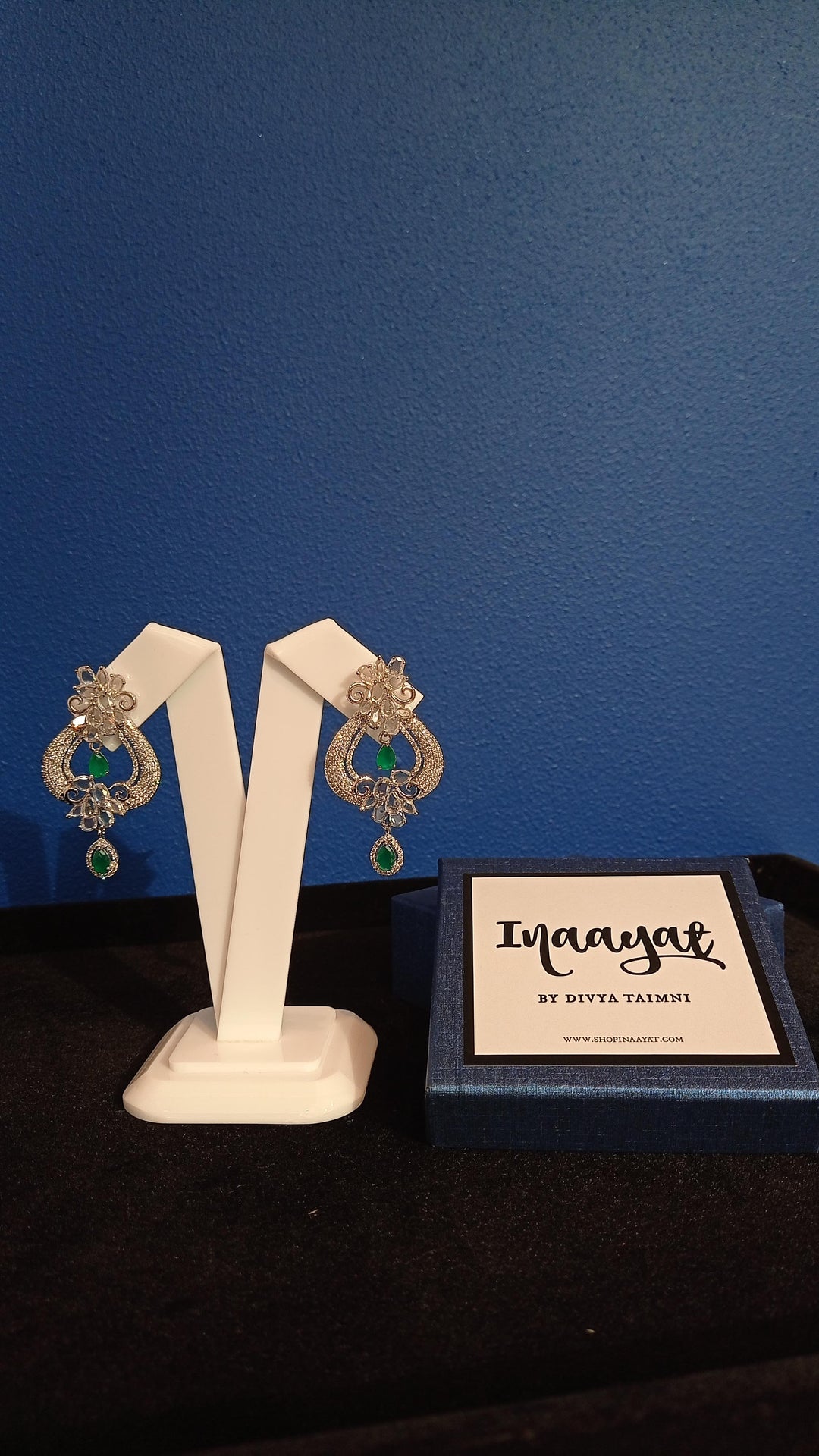 Freida Green and White-Silver Crystal Party Earrings|Inaayat by Divya Taimni