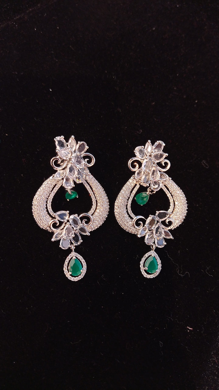 Freida Green and White-Silver Crystal Party Earrings|Inaayat by Divya Taimni