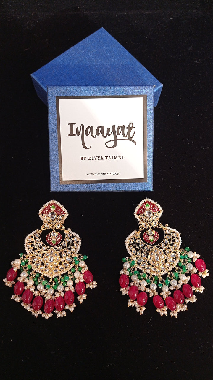 Zafina Red, Green and White Beaded Earrings|Inaayat by Divya Taimni