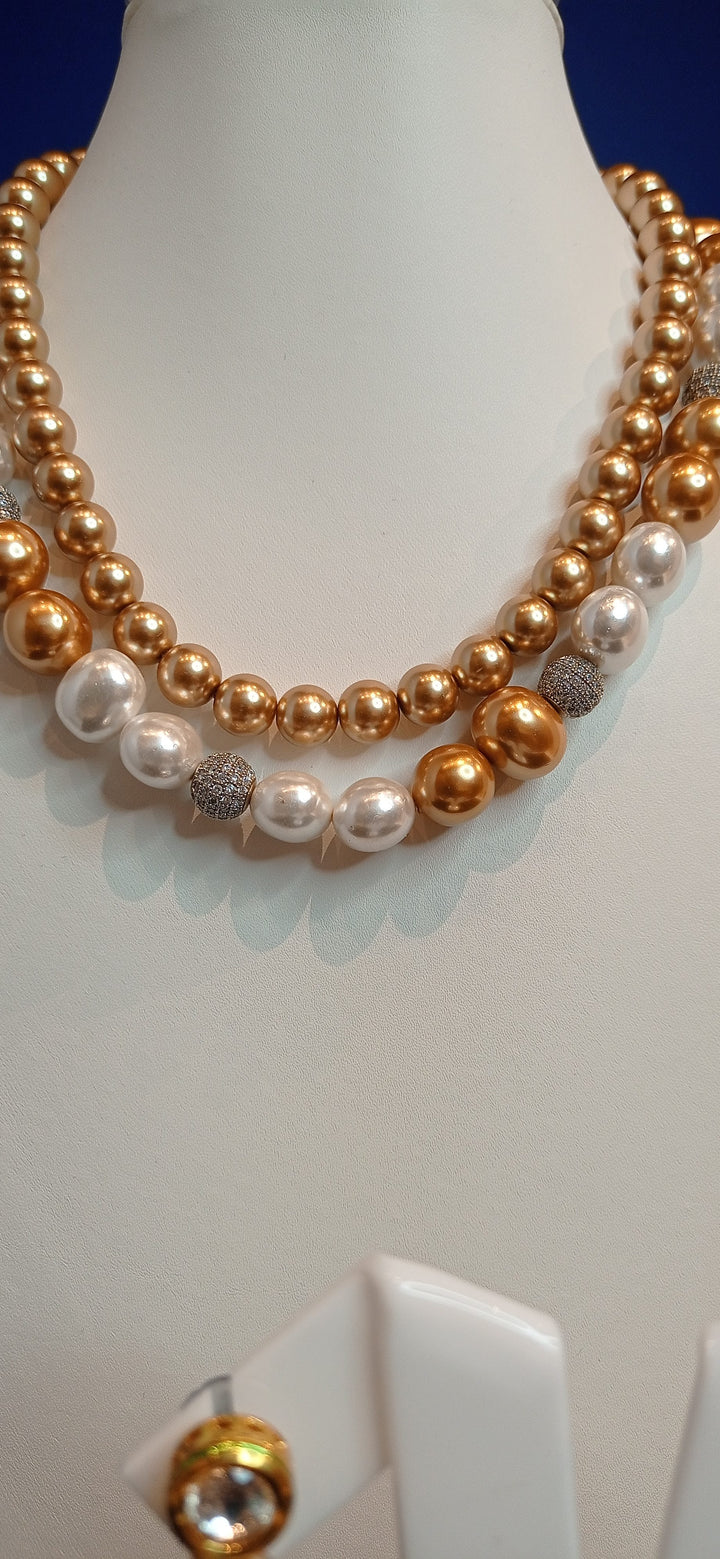 Anoushka White, Silver, and Gold Double-Strand Pearl Necklace and Earrings Set
