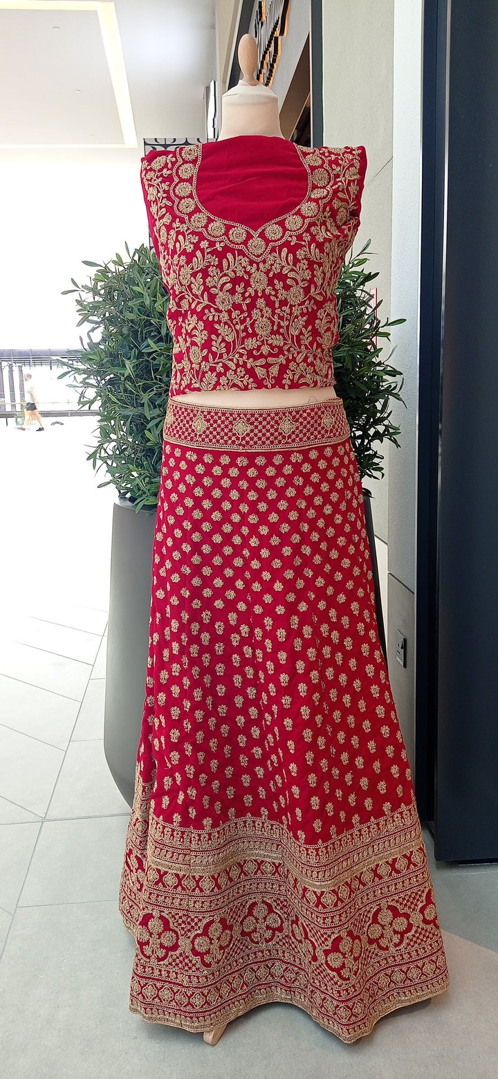 Shagun Red and Gold Velvet and Net Lehenga (Unstitched) | Inaayat by Divya Taimni