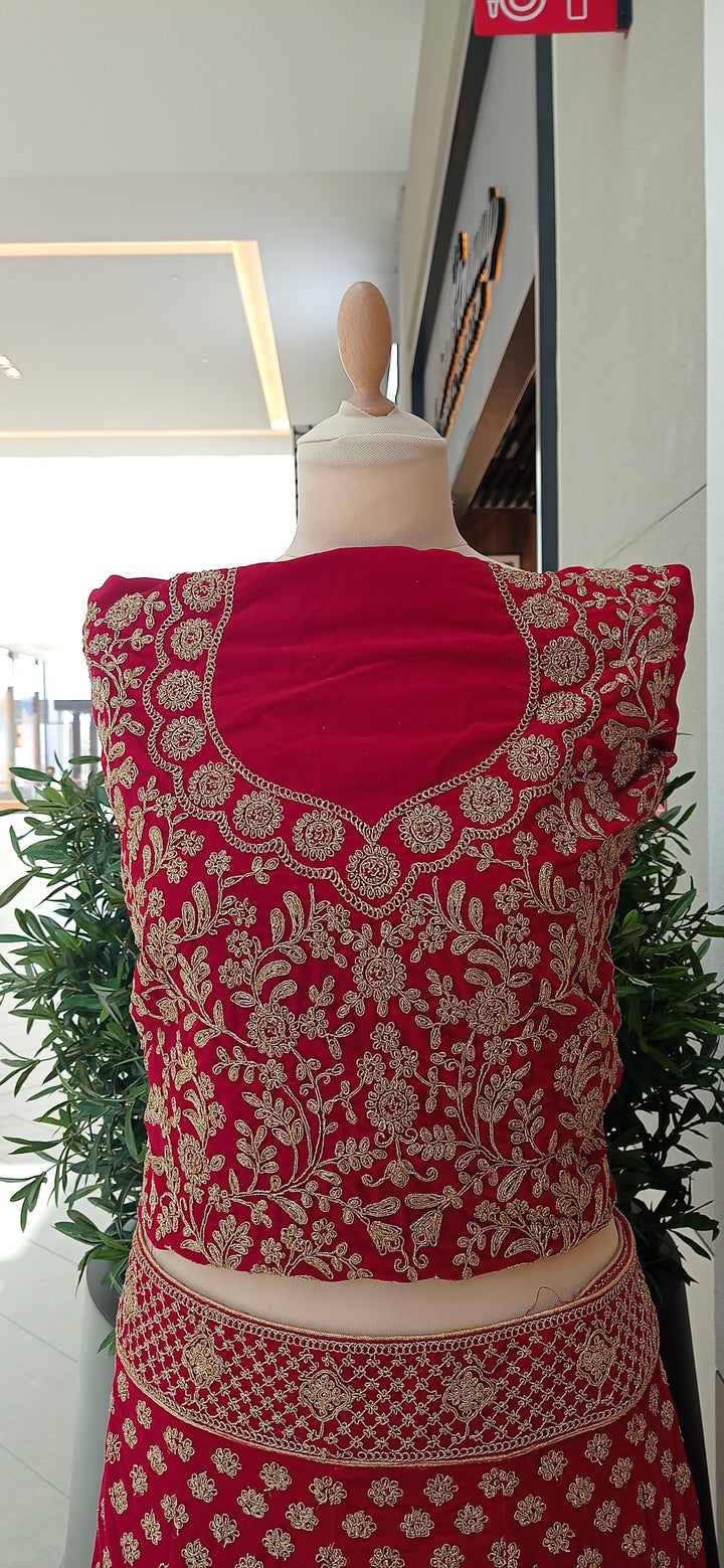 Shagun Red and Gold Velvet and Net Lehenga (Unstitched) | Inaayat by Divya Taimni
