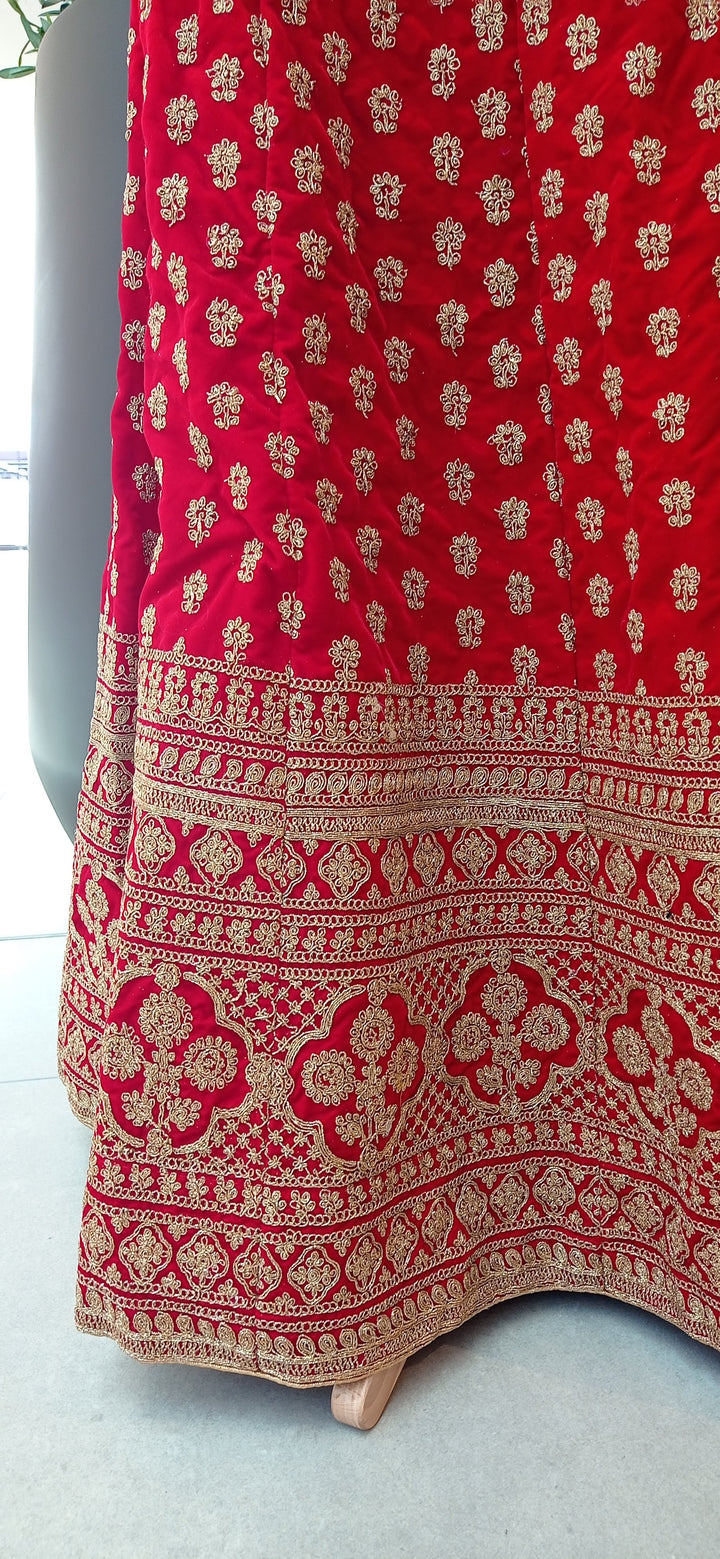Shagun Red and Gold Velvet and Net Lehenga (Unstitched) | Inaayat by Divya Taimni