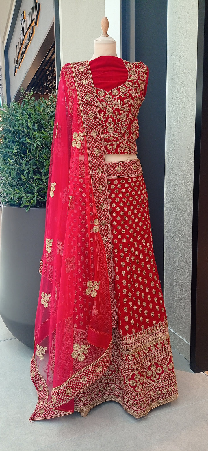 Shagun Red and Gold Velvet and Net Lehenga (Unstitched) | Inaayat by Divya Taimni