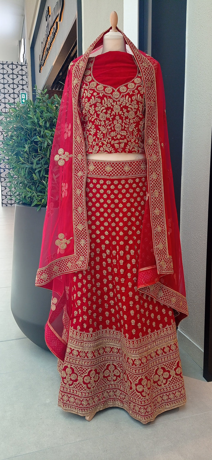 Shagun Red and Gold Velvet and Net Lehenga (Unstitched) | Inaayat by Divya Taimni