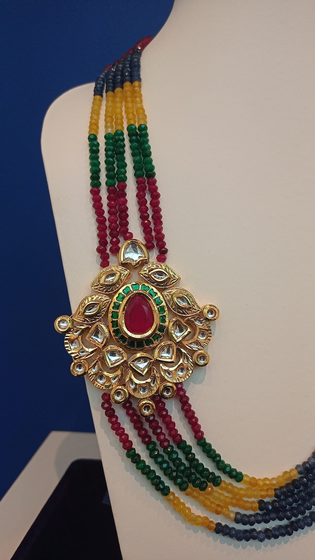 Rania Color-Block Beaded Kundan Side-Pendant Necklace and Earrings Set|Inaayat by Divya Taimni