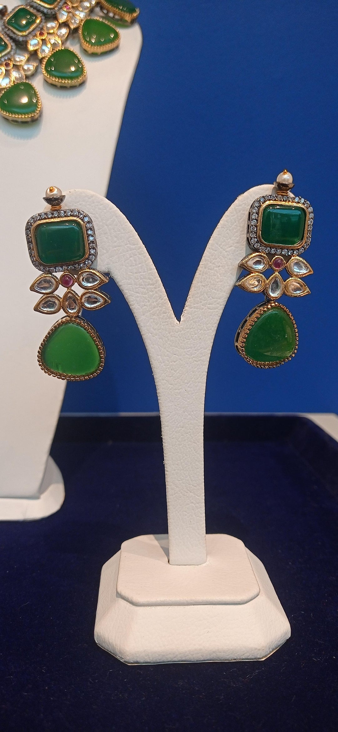 Noreena Green Stone and Kundan Necklace and Earrings Set|Inaayat by Divya Taimni