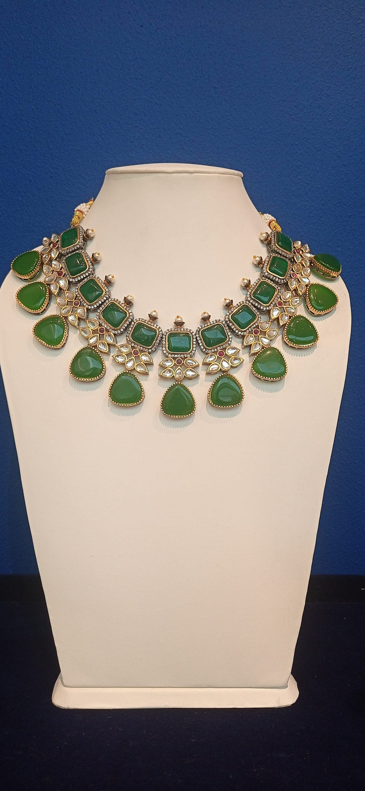 Noreena Green Stone and Kundan Necklace and Earrings Set|Inaayat by Divya Taimni