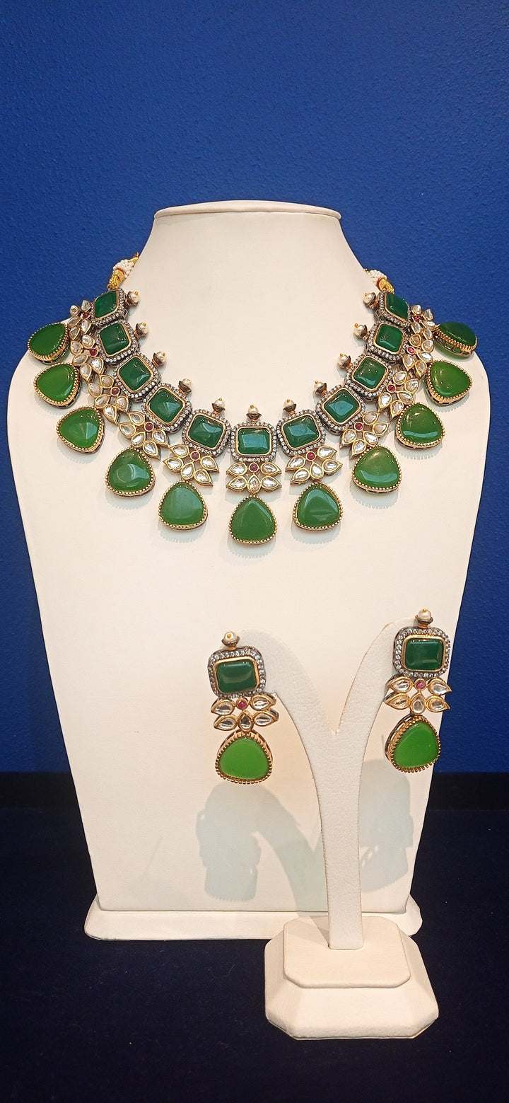Noreena Green Stone and Kundan Necklace and Earrings Set|Inaayat by Divya Taimni
