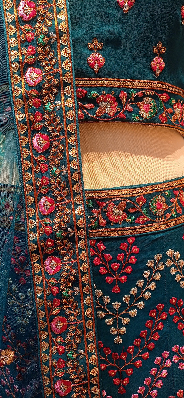 Shagun Peacock Blue Geometric Colorful Dotted Chevron Design Lehenga Set (Ready to Wear)