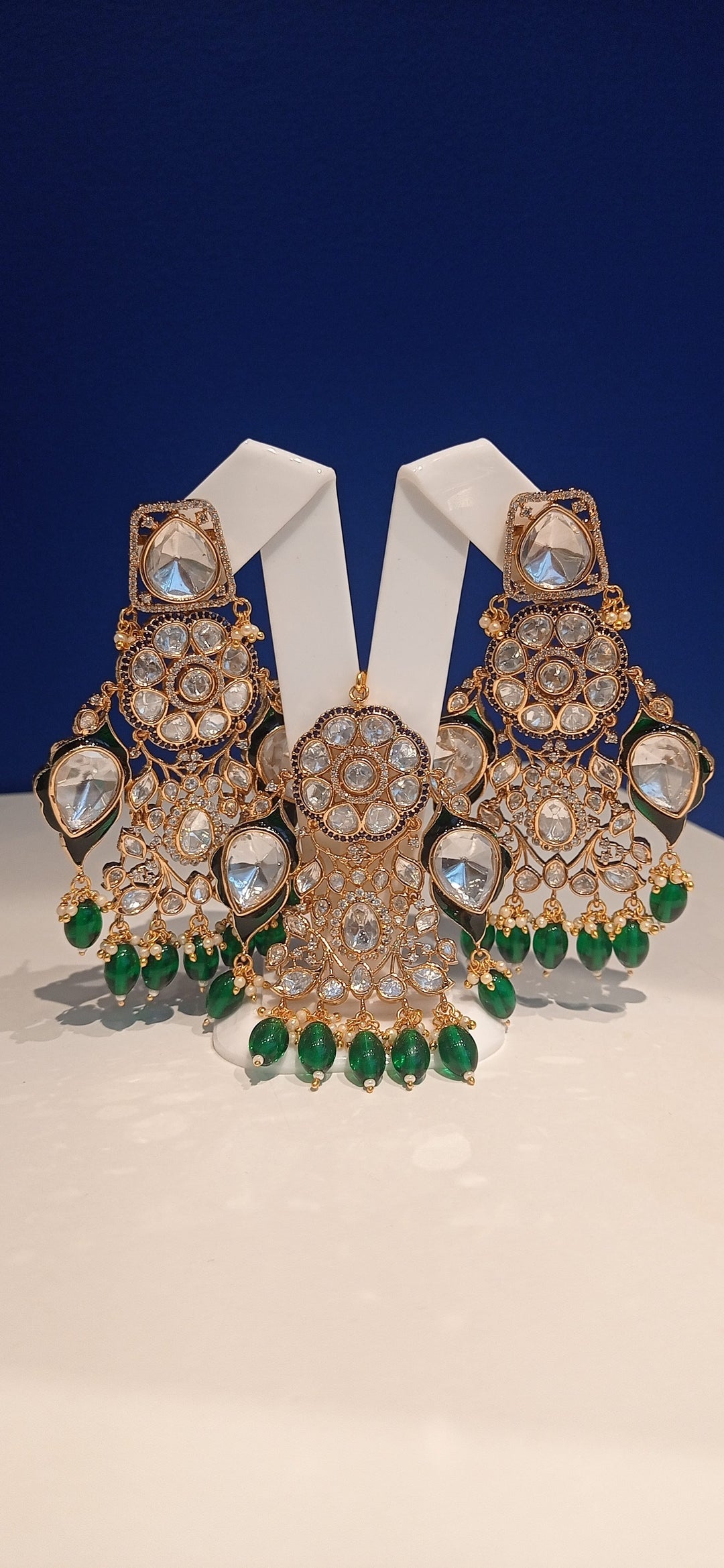 Jodhaa Masterpiece Green and Gold Kundan Bridal Statement Necklace, Earrings, and Mang Teeka Set|Inaayat by Divya Taimni