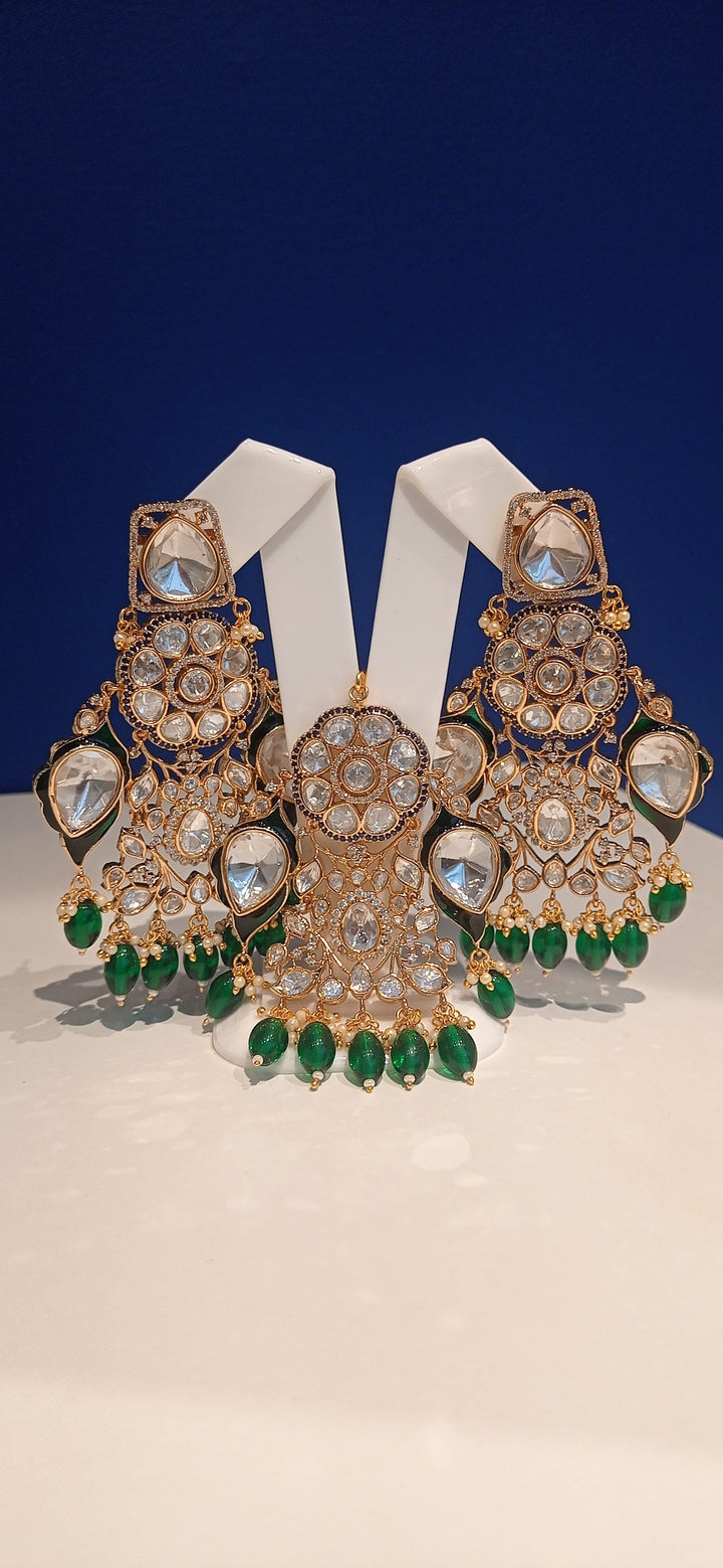 Jodhaa Masterpiece Green and Gold Kundan Bridal Statement Necklace, Earrings, and Mang Teeka Set|Inaayat by Divya Taimni