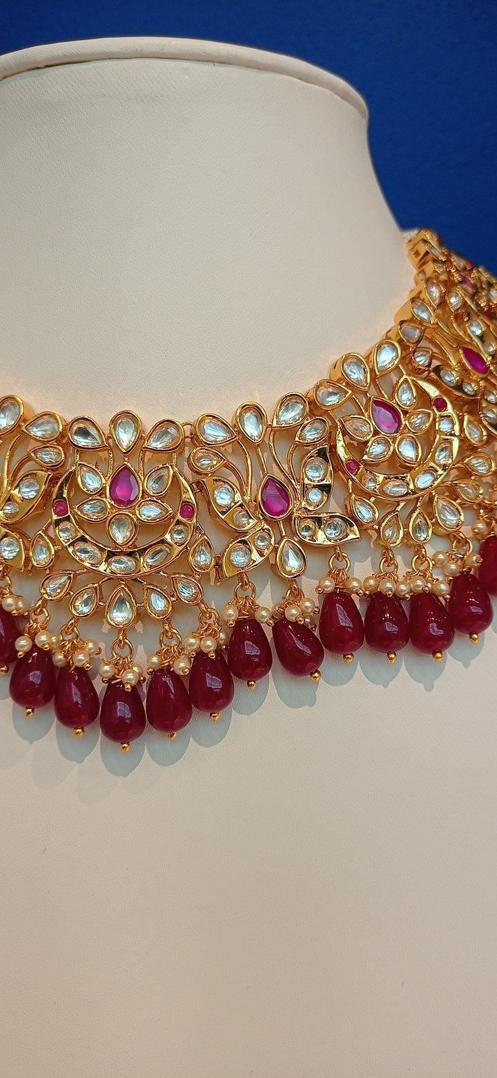 Meghna Floral Gold Kundan Polki Diamond and Ruby Necklace and Earrings Destination Jewelry Set