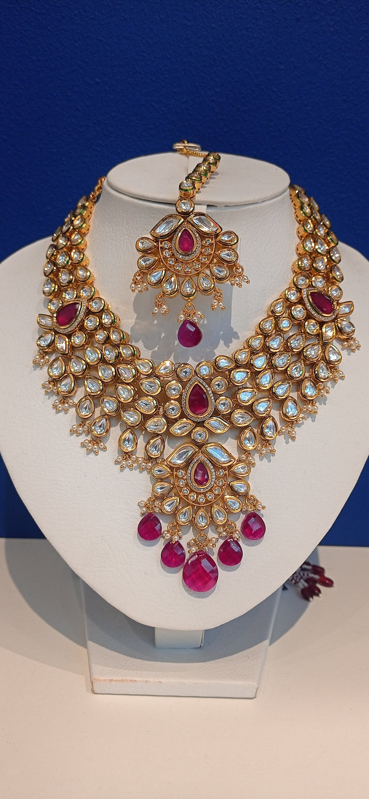 Radha Ruby and Polki Diamond Bridal Kundan Earrings, Kanras, Necklace and Maang Teeka Jewellery Set|Inaayat by Divya Taimni