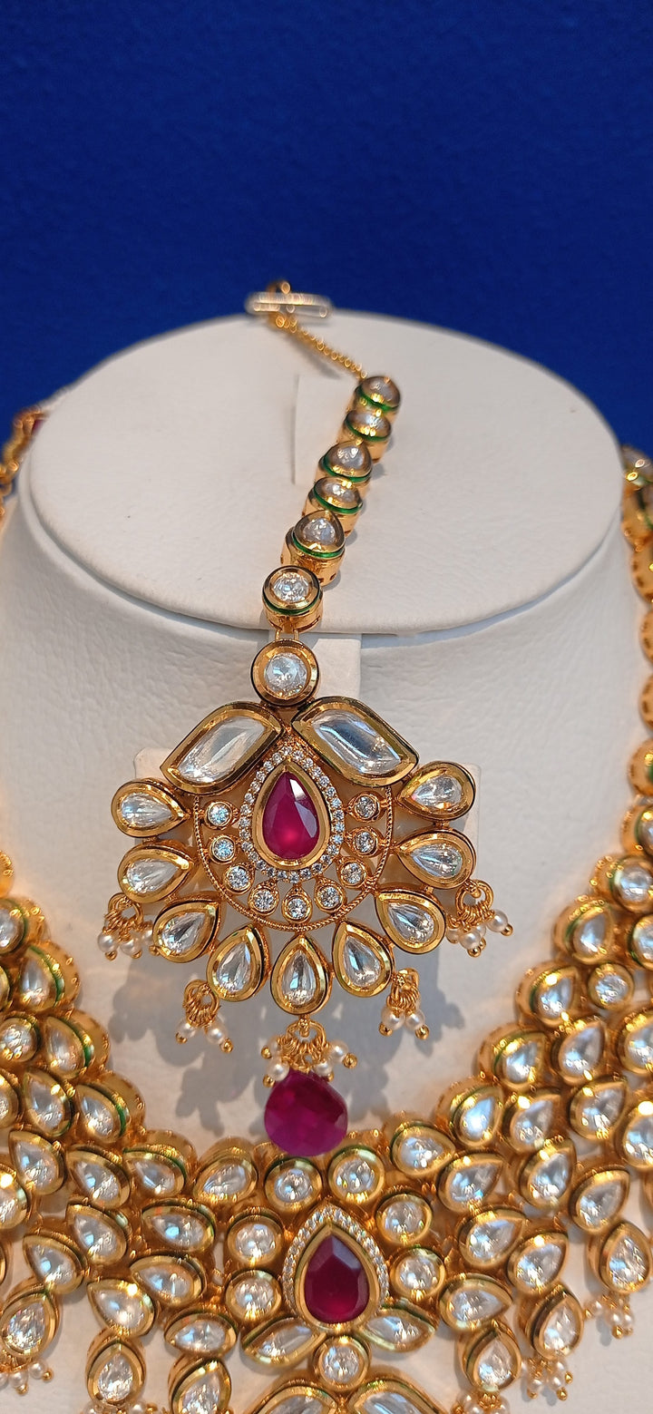 Radha Ruby and Polki Diamond Bridal Kundan Earrings, Kanras, Necklace and Maang Teeka Jewellery Set|Inaayat by Divya Taimni