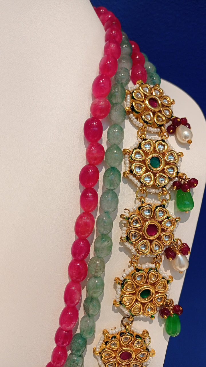 Sonam Turquoise and Pink Beaded Scallop Kundan Necklace and Earrings set