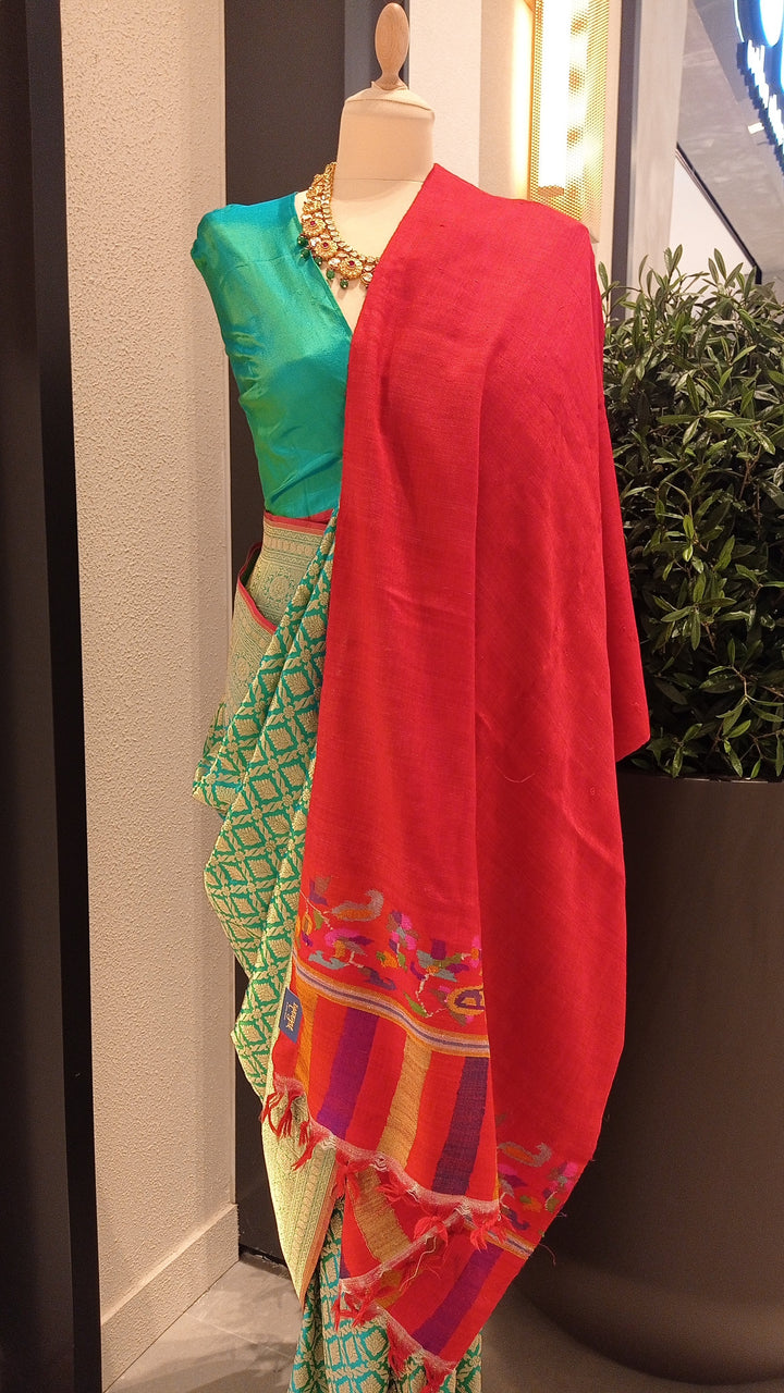 Kaveri Red Pashmina Scarf with Kani Border