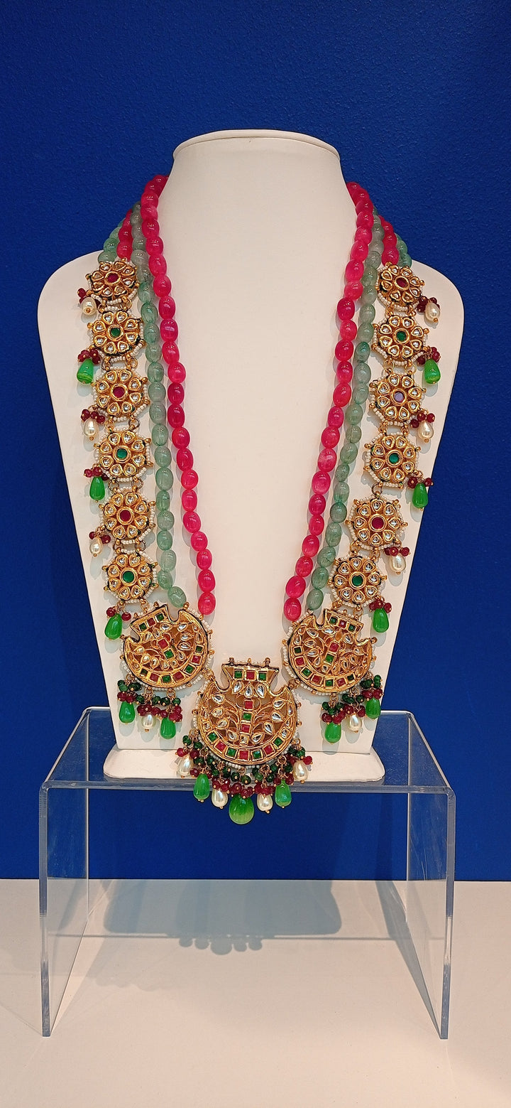 Sonam Turquoise and Pink Beaded Scallop Kundan Necklace and Earrings set