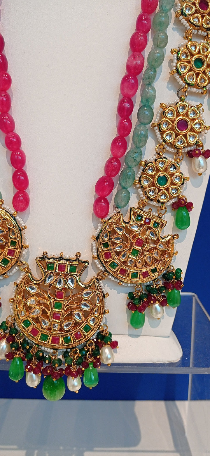 Sonam Turquoise and Pink Beaded Scallop Kundan Necklace and Earrings set