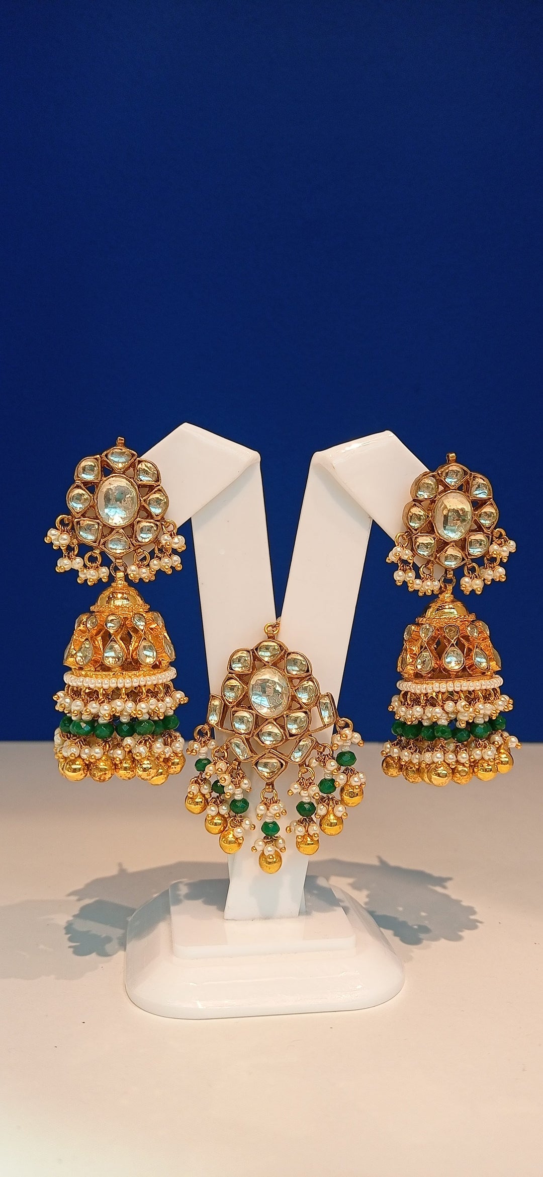 Varania Green Kundan and Imitation Polki Diamonds Necklace, Earrings and Teeka Set|Inaayat by Divya Taimni