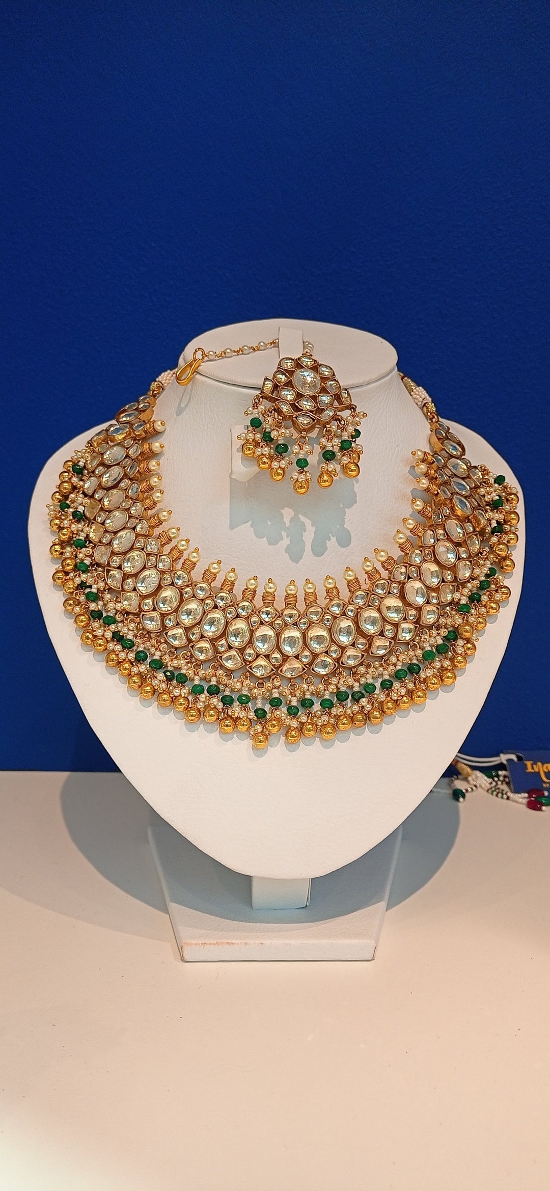 Varania Green Kundan and Imitation Polki Diamonds Necklace, Earrings and Teeka Set|Inaayat by Divya Taimni