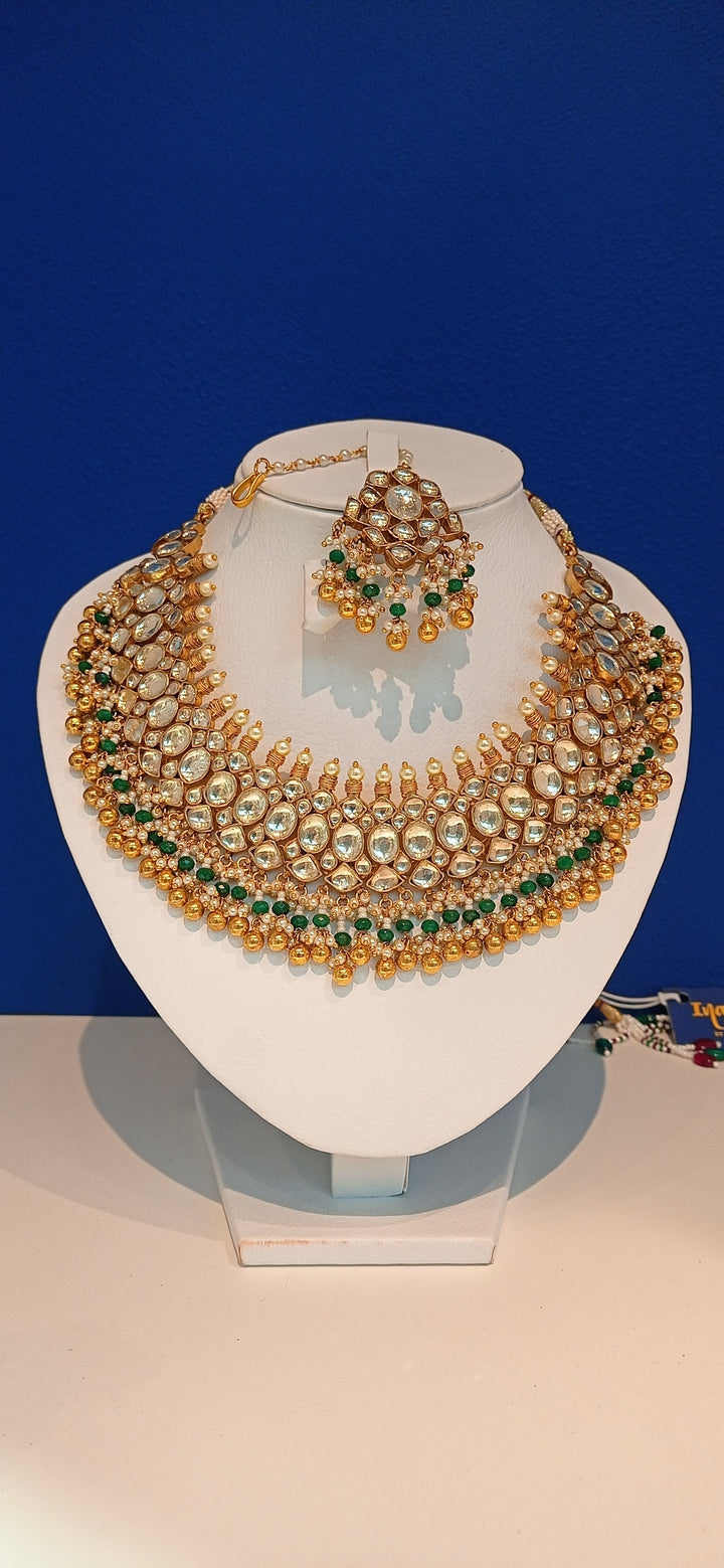 Varania Green Kundan and Imitation Polki Diamonds Necklace, Earrings and Teeka Set|Inaayat by Divya Taimni