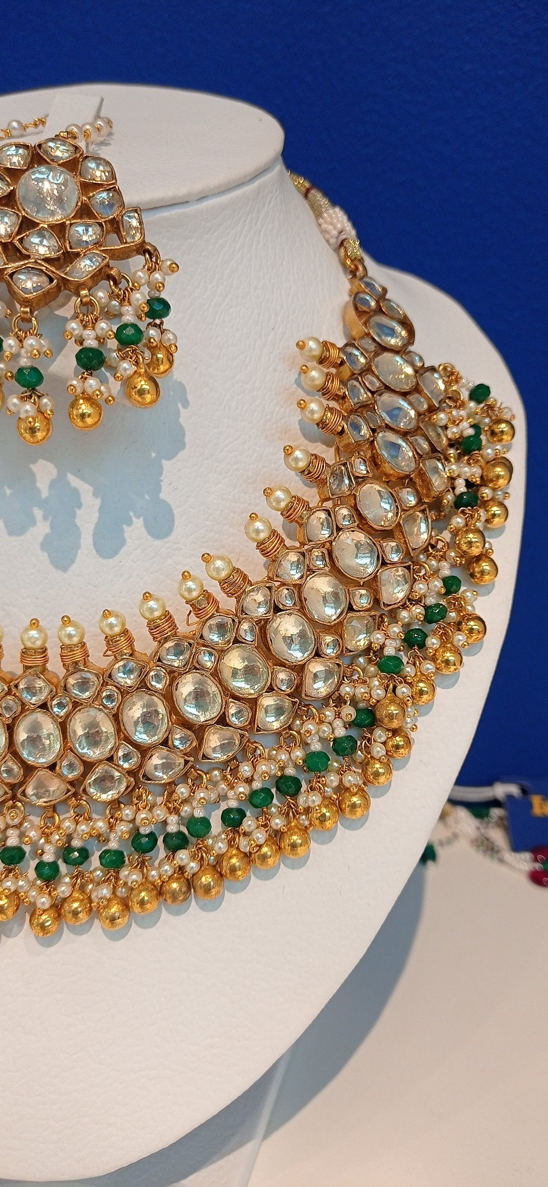 Varania Green Kundan and Imitation Polki Diamonds Necklace, Earrings and Teeka Set|Inaayat by Divya Taimni