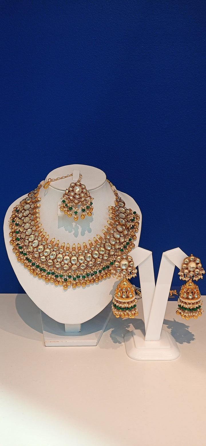 Varania Green Kundan and Imitation Polki Diamonds Necklace, Earrings and Teeka Set|Inaayat by Divya Taimni