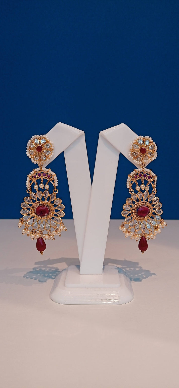Fiona Red and Gold Flower and Crescent Moon Earrings|Inaayat by Divya Taimni