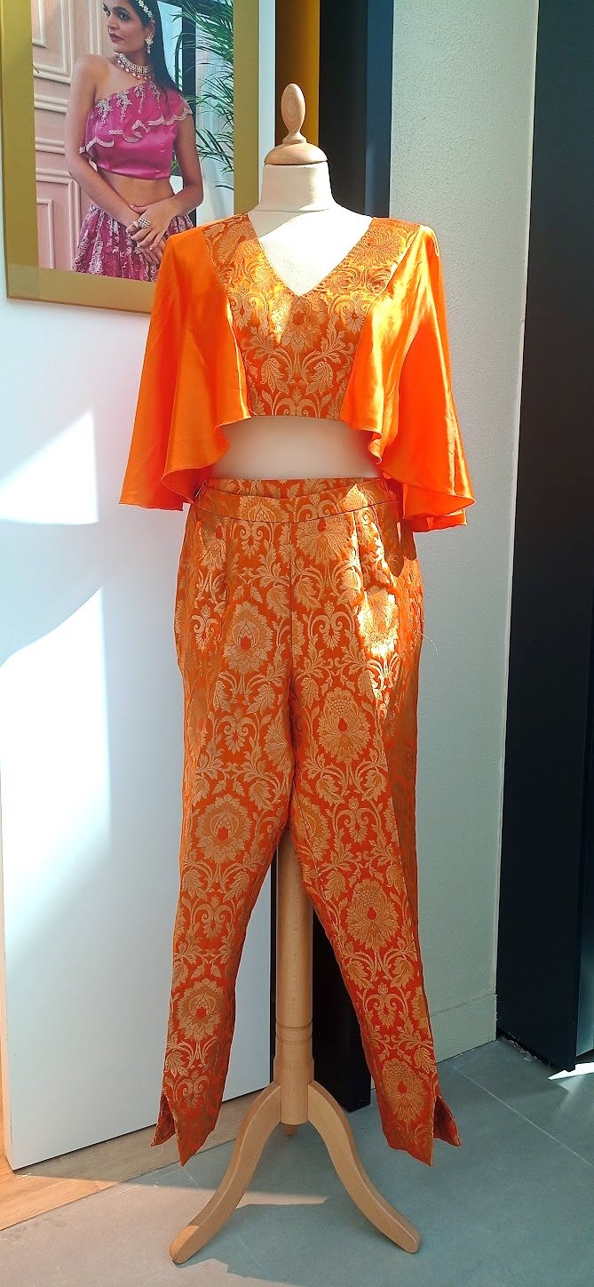 Saisha Orange and Gold Brocade Crop-Top and Pants Co-Ord Set