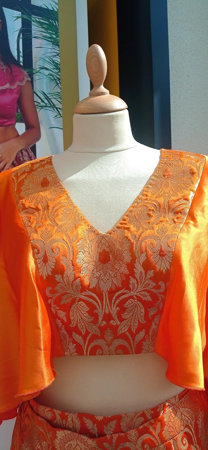 Saisha Orange and Gold Brocade Crop-Top and Pants Co-Ord Set