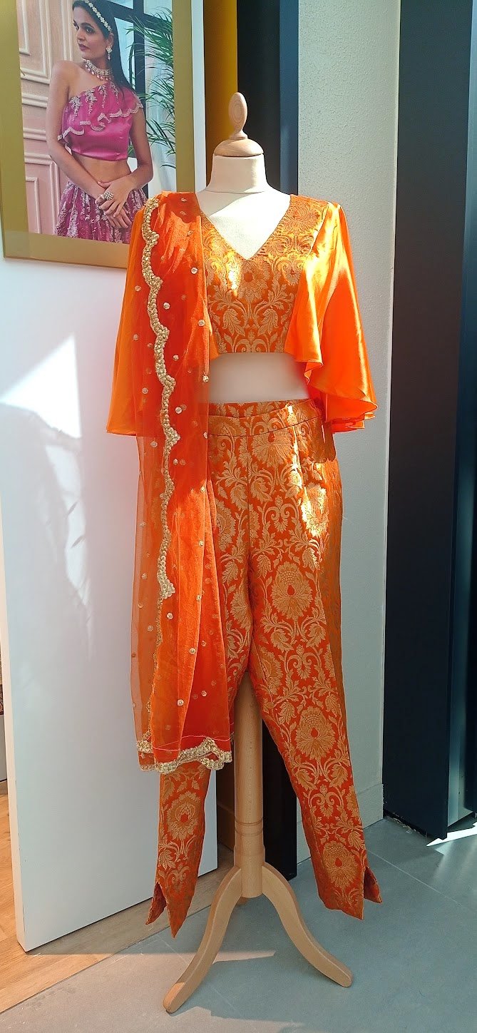 Saisha Orange and Gold Brocade Crop-Top and Pants Co-Ord Set