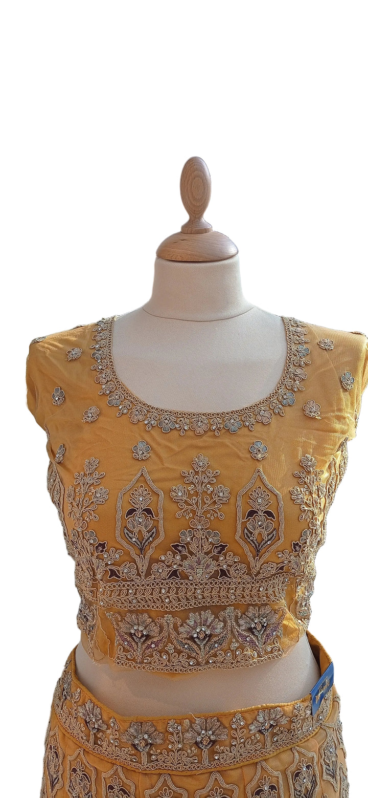 Shagun Earthy Mustard Lehenga with Geometric Embroidery (Unstitched) | Inaayat by Divya Taimni