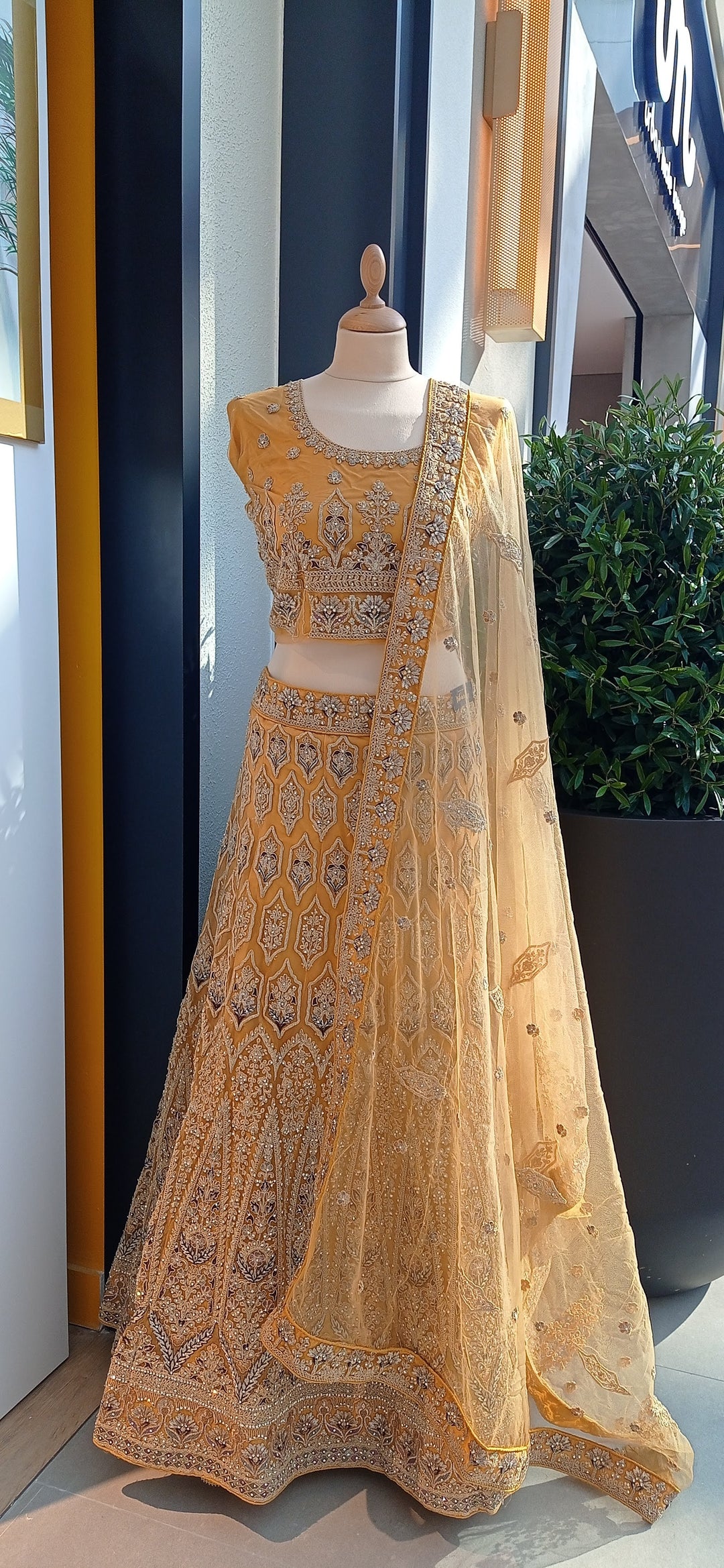 Shagun Earthy Mustard Lehenga with Geometric Embroidery (Unstitched) | Inaayat by Divya Taimni