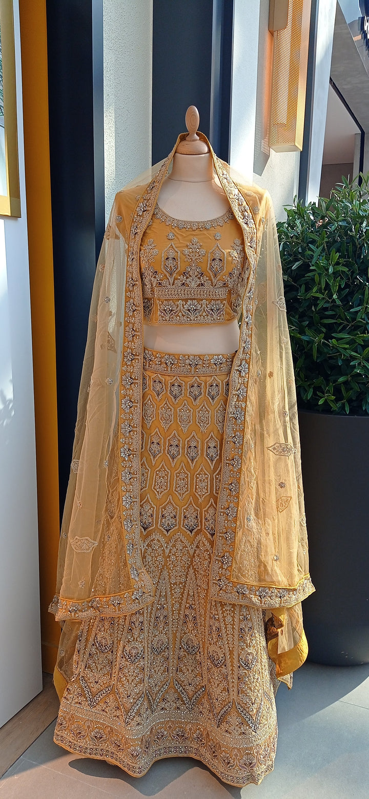 Shagun Earthy Mustard Lehenga with Geometric Embroidery (Unstitched) | Inaayat by Divya Taimni