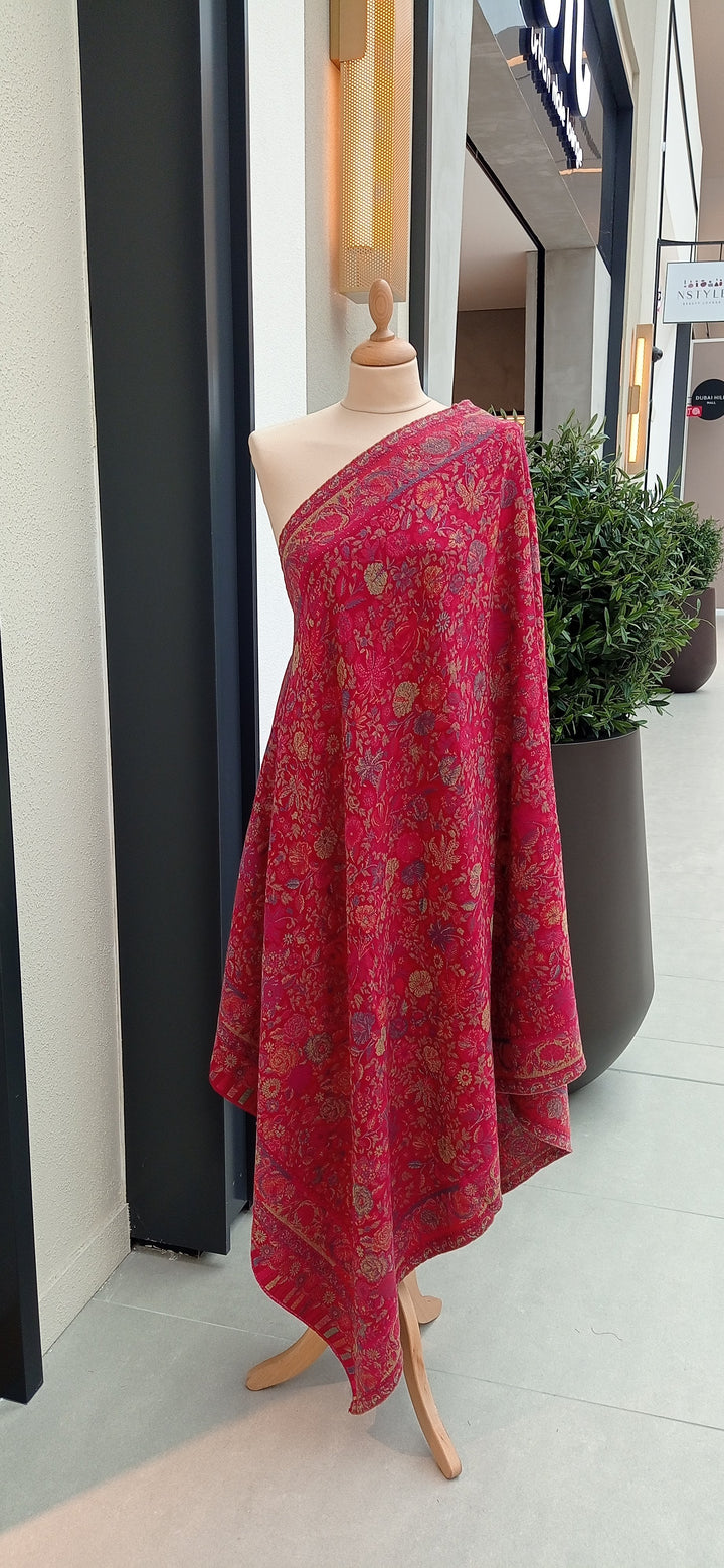 Bhoomi Red Cashmere Shawl with Multicolor Roses |House Of Inaayat