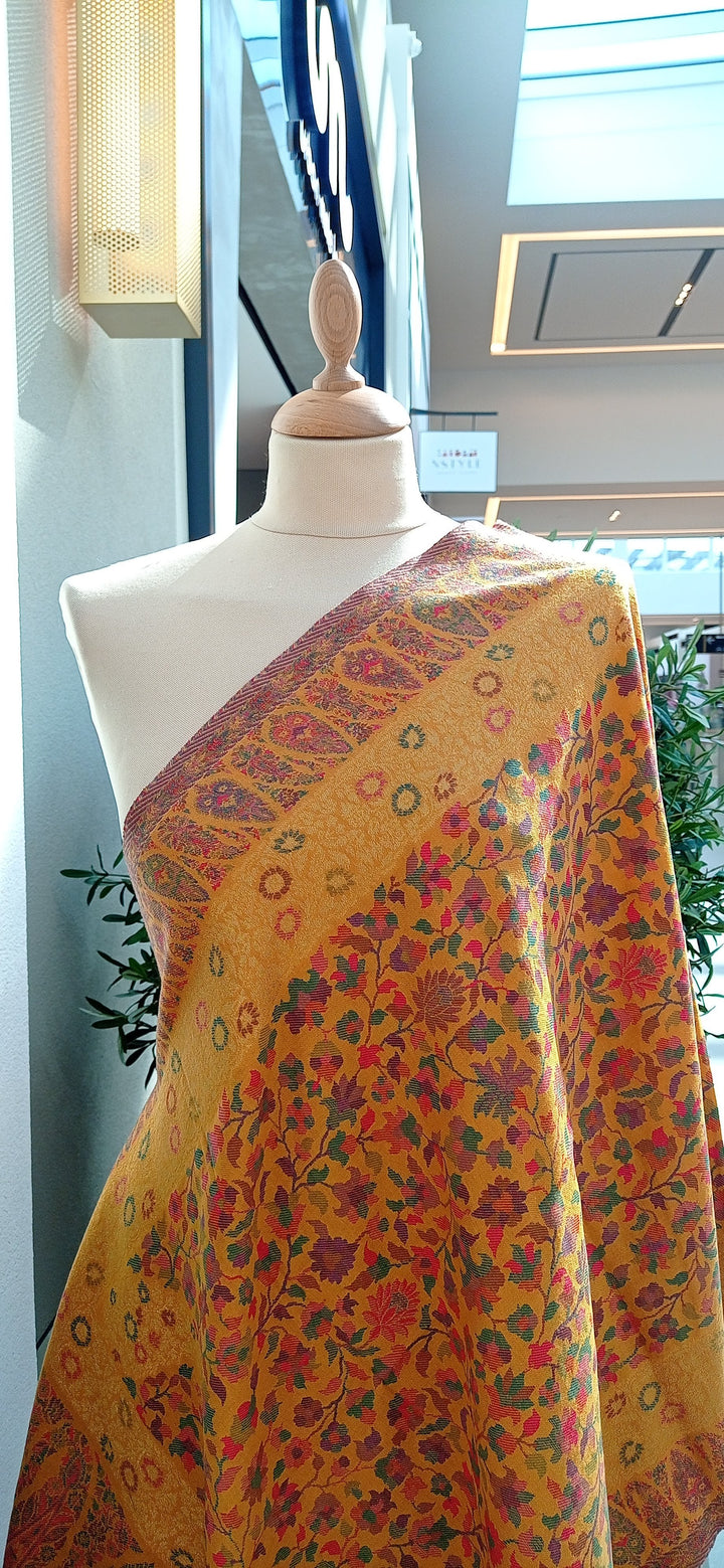 Bhoomi Yellow Kashmiri Kani Cashmere Scar with Subtle Gold Zari Weaving and a Paisley Border|House Of Inaayat
