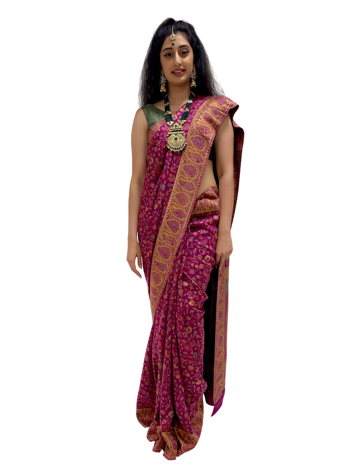 Nayan Kaani Silk Saree Purple and Yellow Paisley Design With Zari
