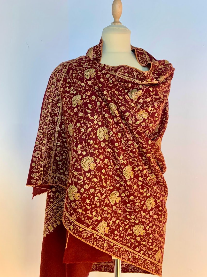 Taranum Maroon Pashmina Embroidered Shawl | House of Inaayat