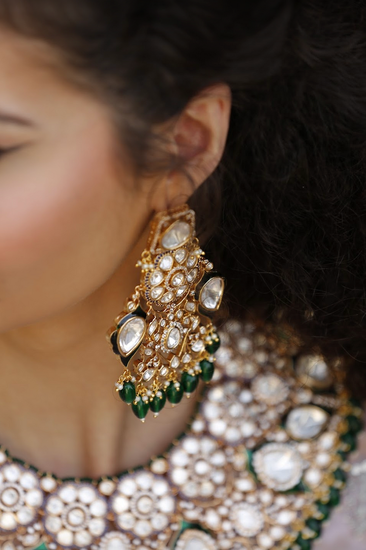 Jodhaa Masterpiece Green and Gold Kundan Bridal Statement Necklace, Earrings, and Mang Teeka Set|Inaayat by Divya Taimni