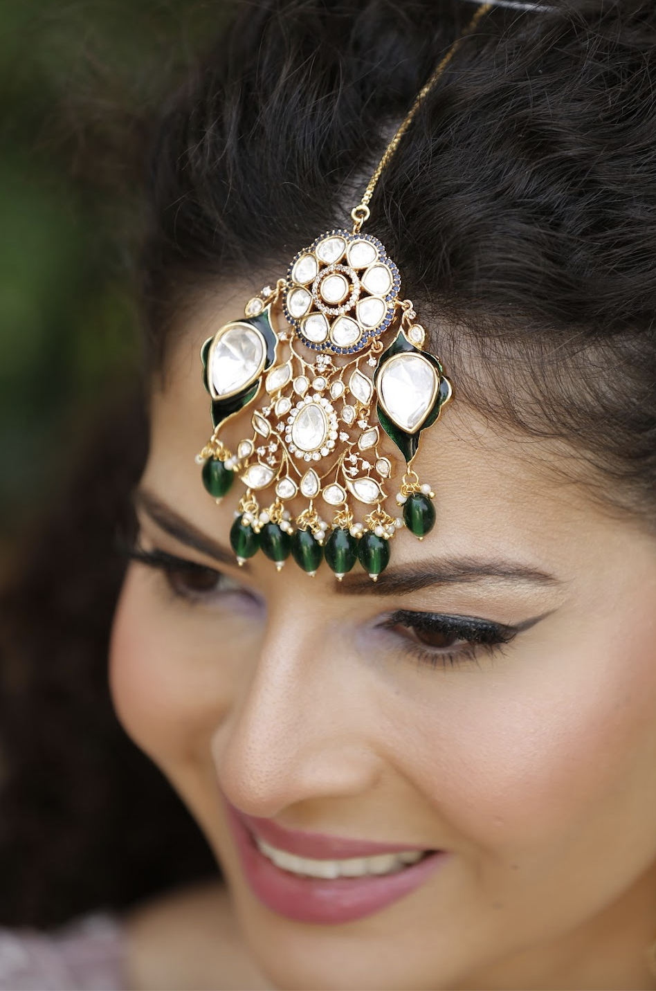 Jodhaa Masterpiece Green and Gold Kundan Bridal Statement Necklace, Earrings, and Mang Teeka Set|Inaayat by Divya Taimni