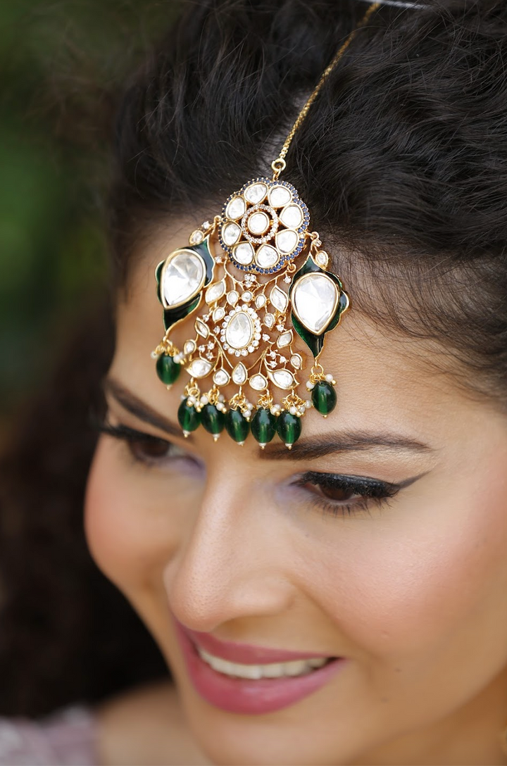 Jodhaa Masterpiece Green and Gold Kundan Bridal Statement Necklace, Earrings, and Mang Teeka Set|Inaayat by Divya Taimni