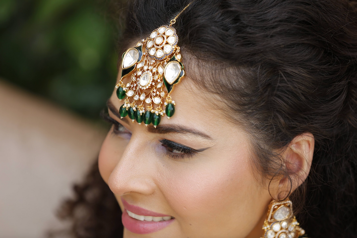Jodhaa Masterpiece Green and Gold Kundan Bridal Statement Necklace, Earrings, and Mang Teeka Set|Inaayat by Divya Taimni
