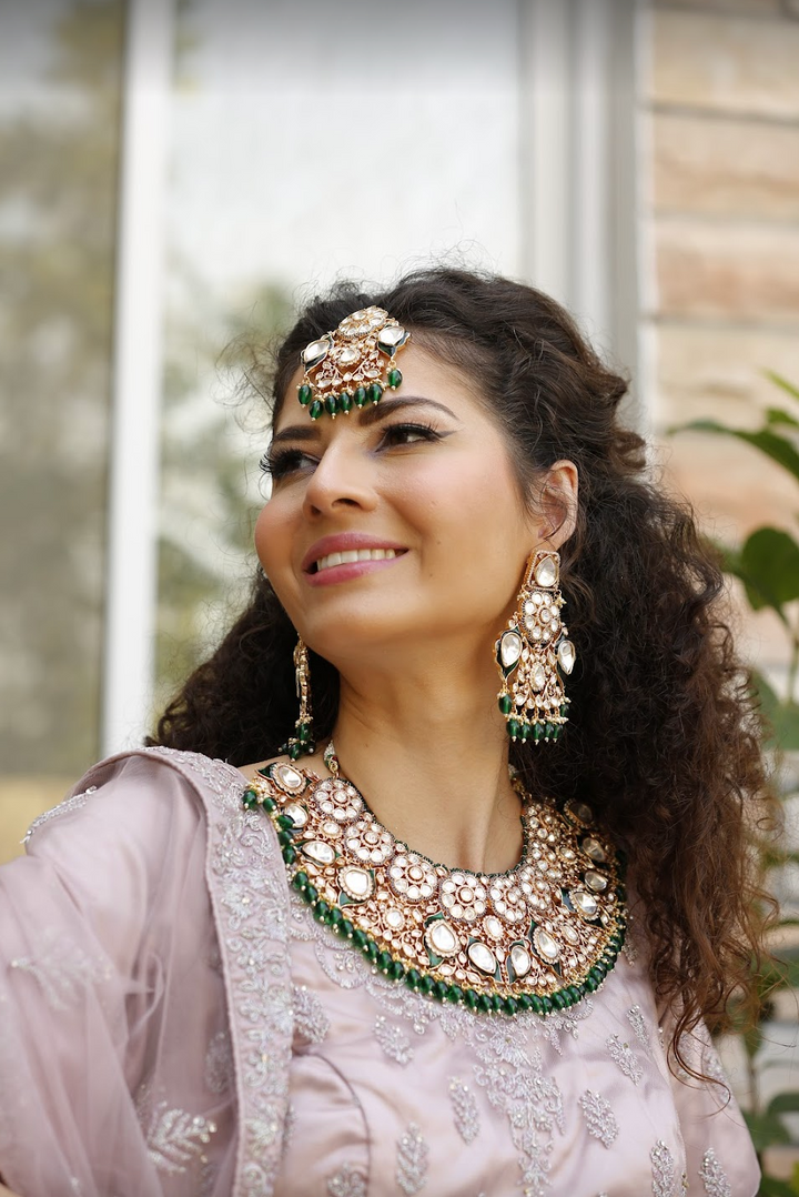 Jodhaa Masterpiece Green and Gold Kundan Bridal Statement Necklace, Earrings, and Mang Teeka Set|Inaayat by Divya Taimni