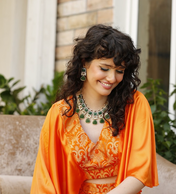 Saisha Orange and Gold Brocade Crop-Top and Pants Co-Ord Set