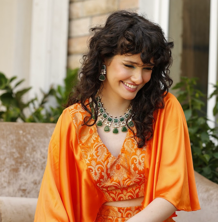Saisha Orange and Gold Brocade Crop-Top and Pants Co-Ord Set