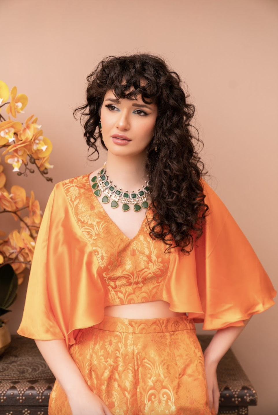 Saisha Orange and Gold Brocade Crop-Top and Pants Co-Ord Set